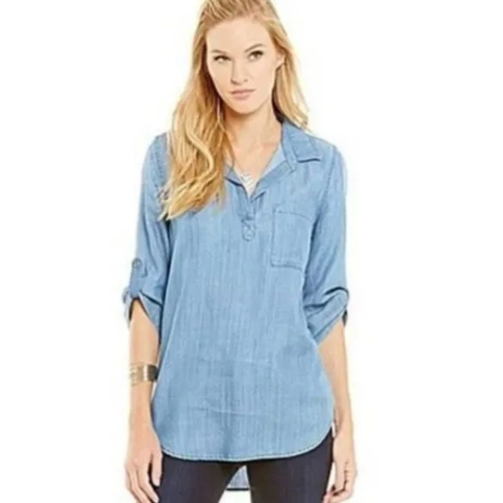 Skies Are Blue Light Blue Lyocell Roll Tab Tunic Top Size Medium 34402